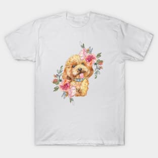 Cute Labradoodle Puppy Dog with Flowers Watercolor Art T-Shirt